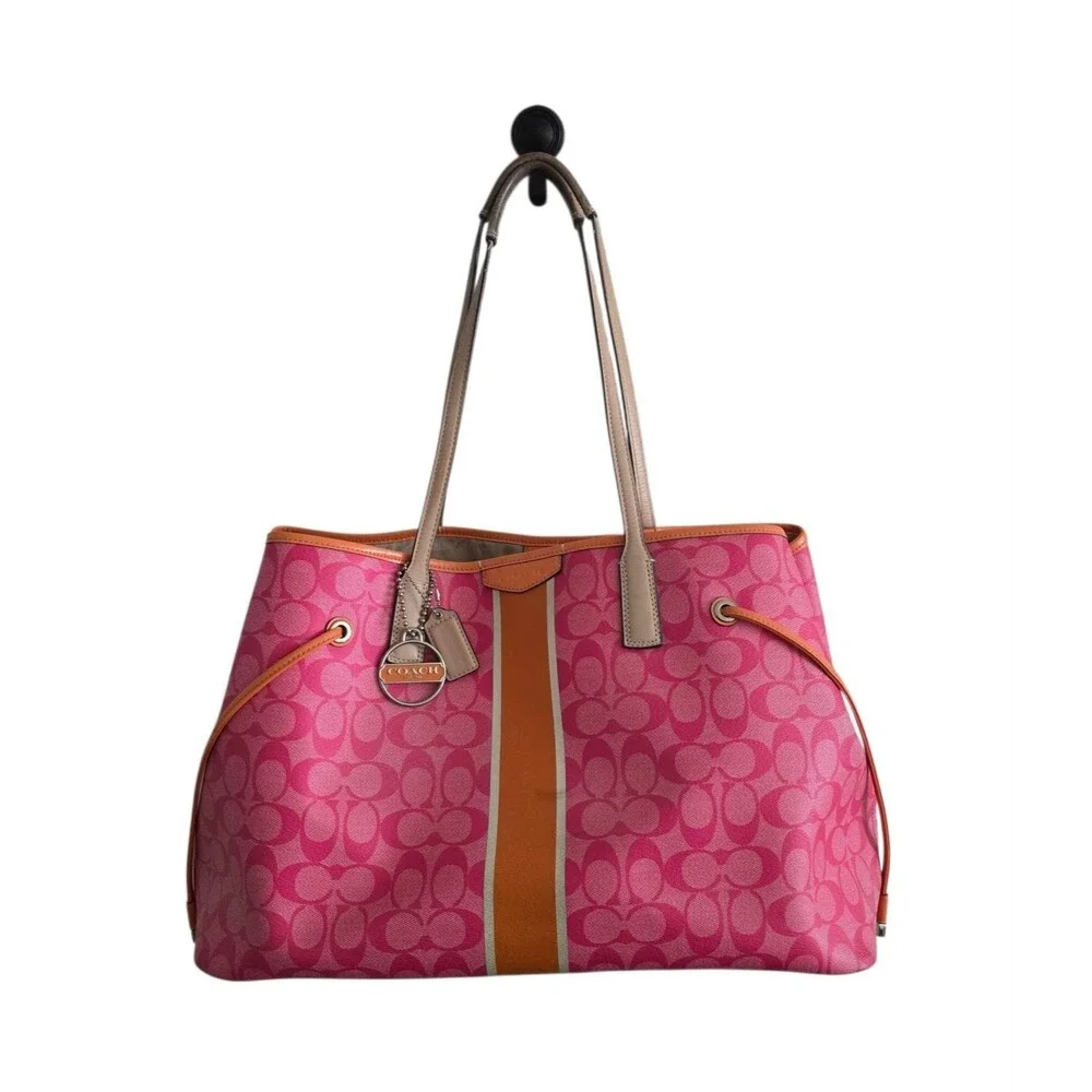 Coach Pink Signature Orange Stripe Large Carryall Handbag Purse F30521